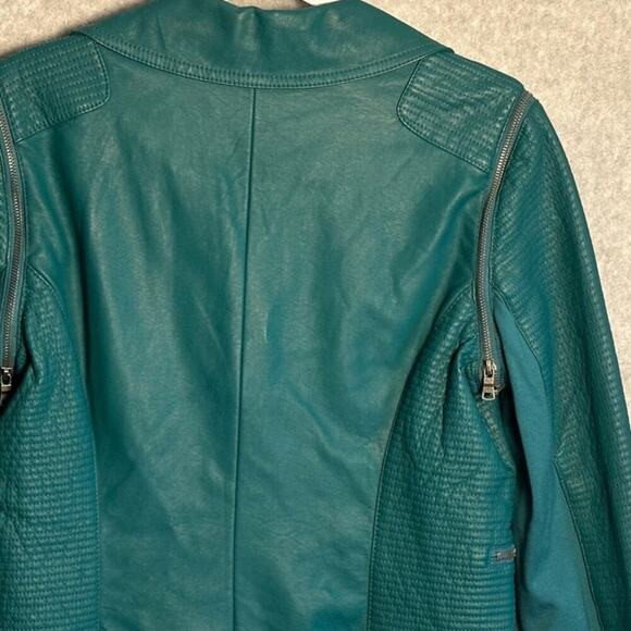 Kate & Mallory Sz M Green Faux Leather Moto Jacket Zip-Off Sleeve biker gorpcore - Picture 11 of 13